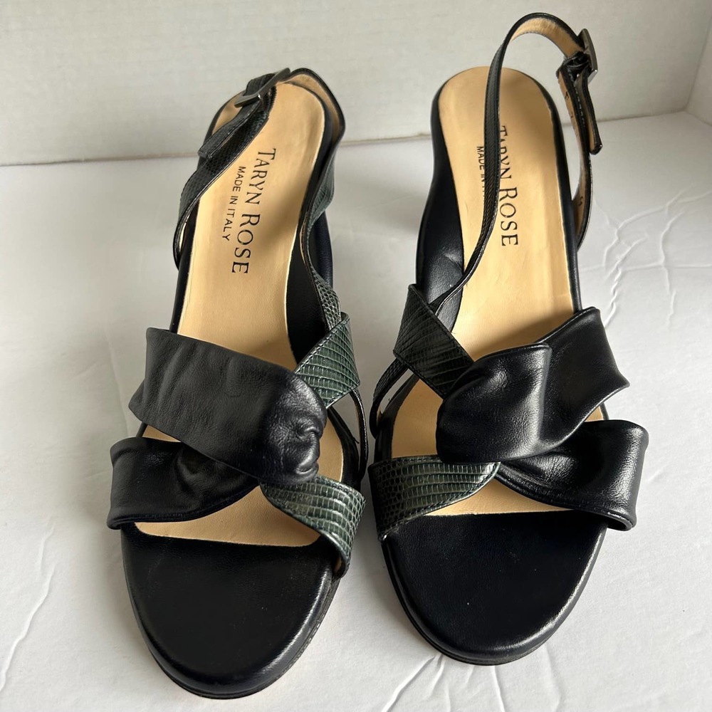 Taryn Rose Black Green Leather Sling Back Sandals Women's Size 38 (US Size 8M)